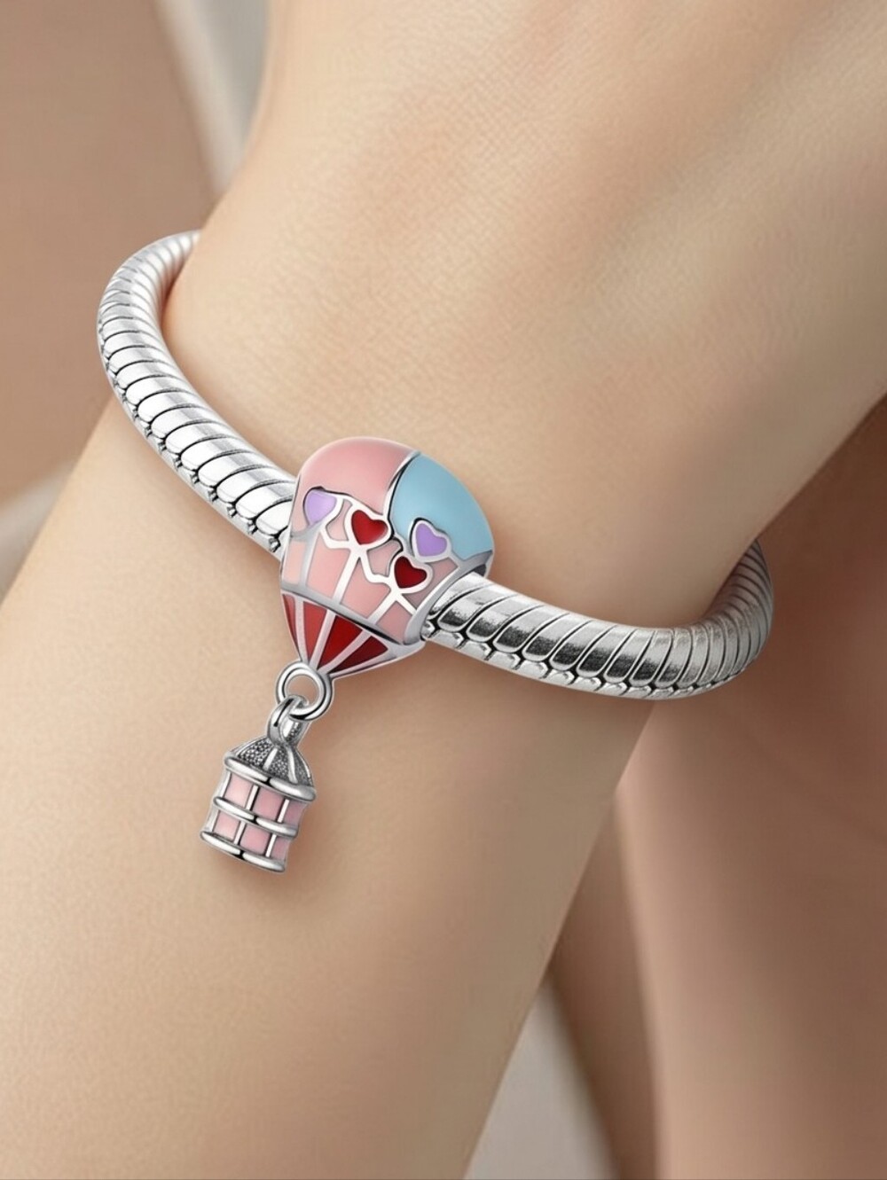 Hot Air Balloon Charm S925 Sterling Silver Pink Hearts Slide-On Bracelet Pendant